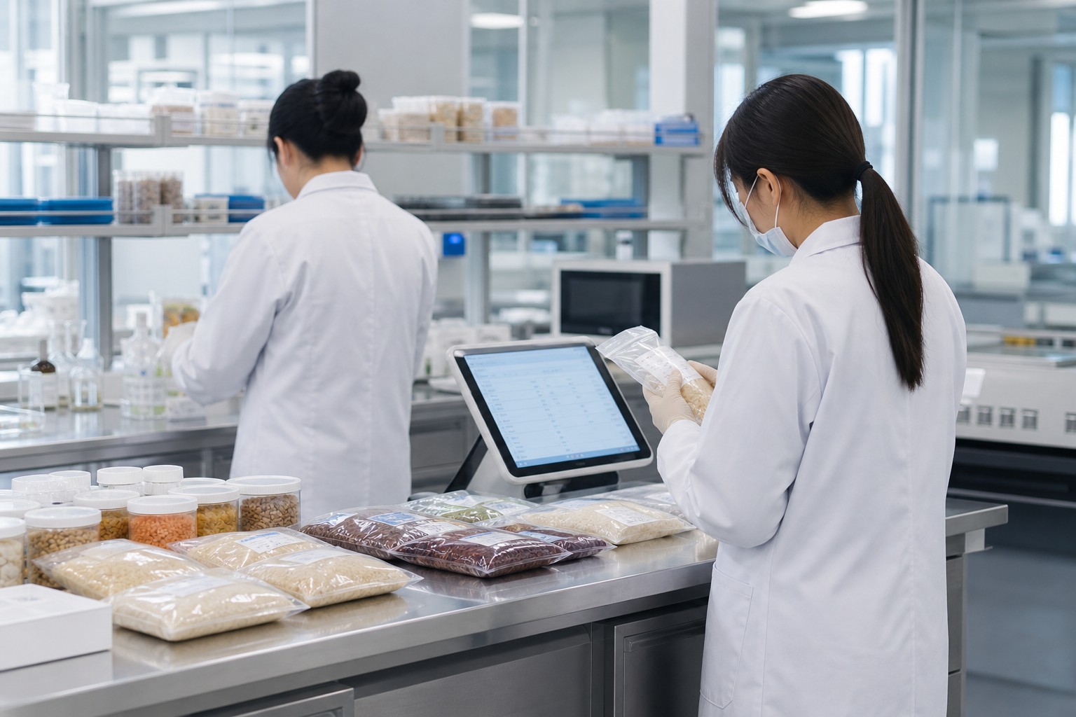 质量人员在食品样品实验室核对密封样品与追溯记录