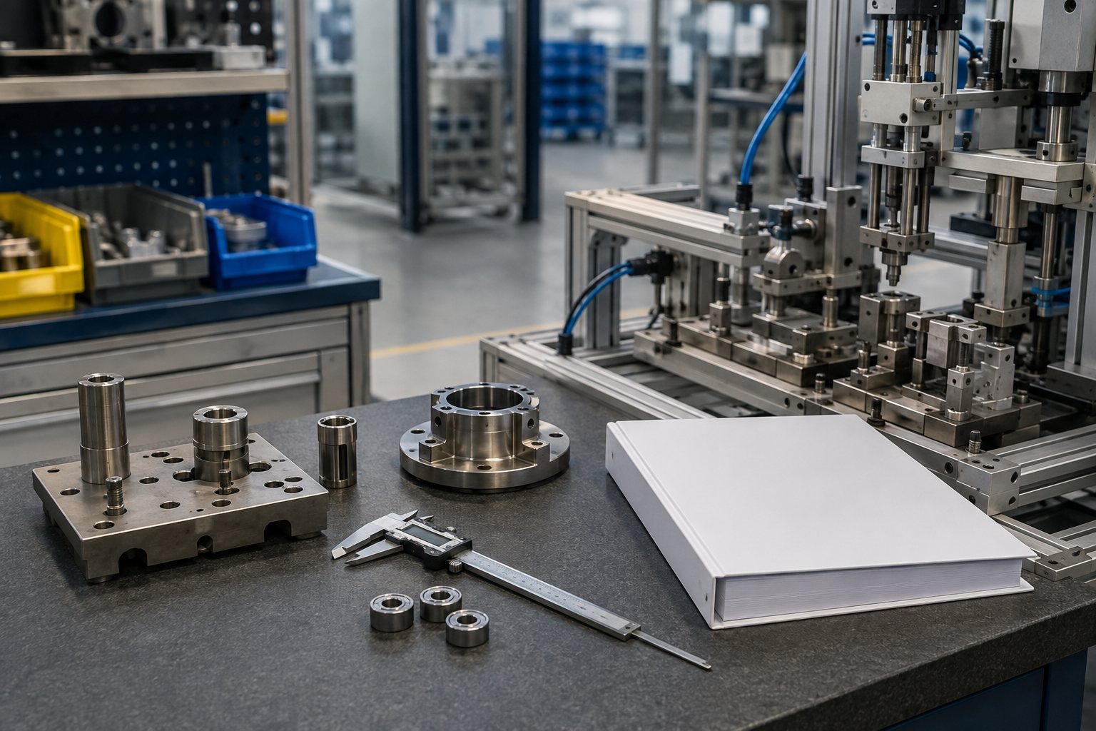 自动化工装、金属部件和量具旁的无文字资料夹，表现资料核对准备。