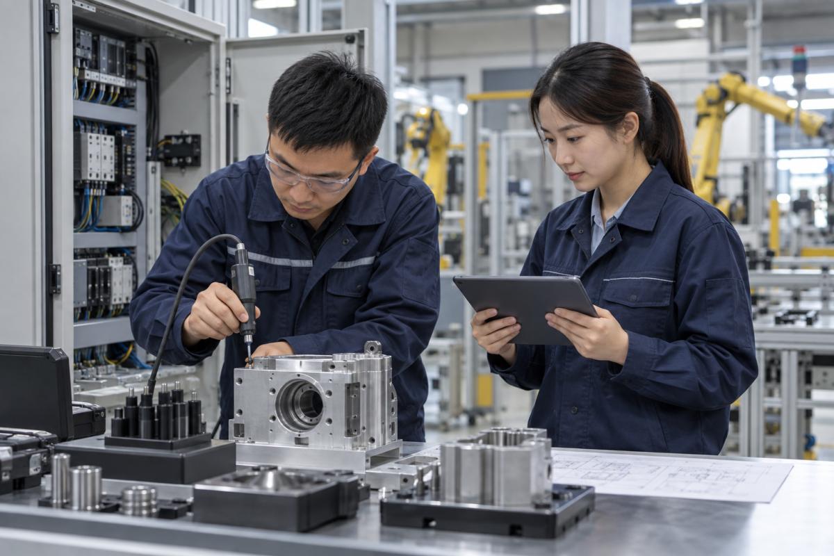 工程师在控制柜和自动化设备旁进行测量并核对资料