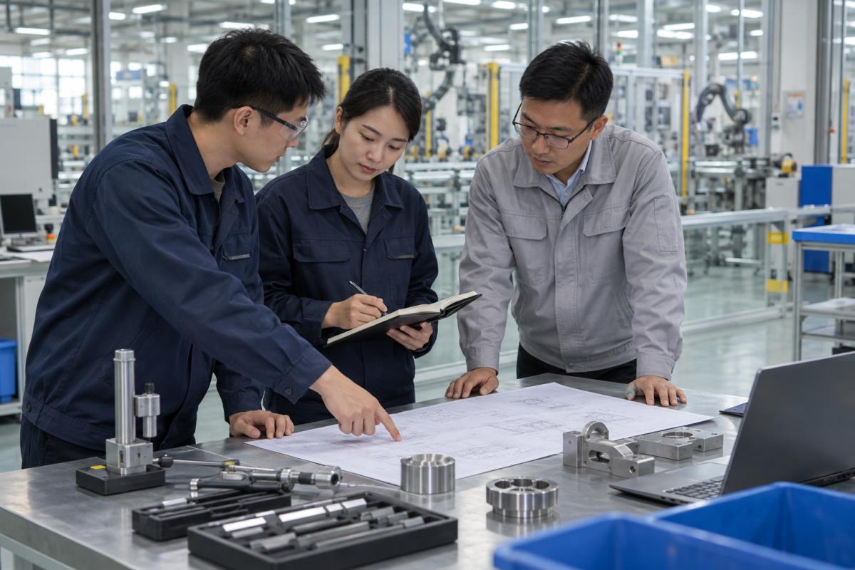 工业团队围绕测量工具和技术图纸讨论资料准备事项